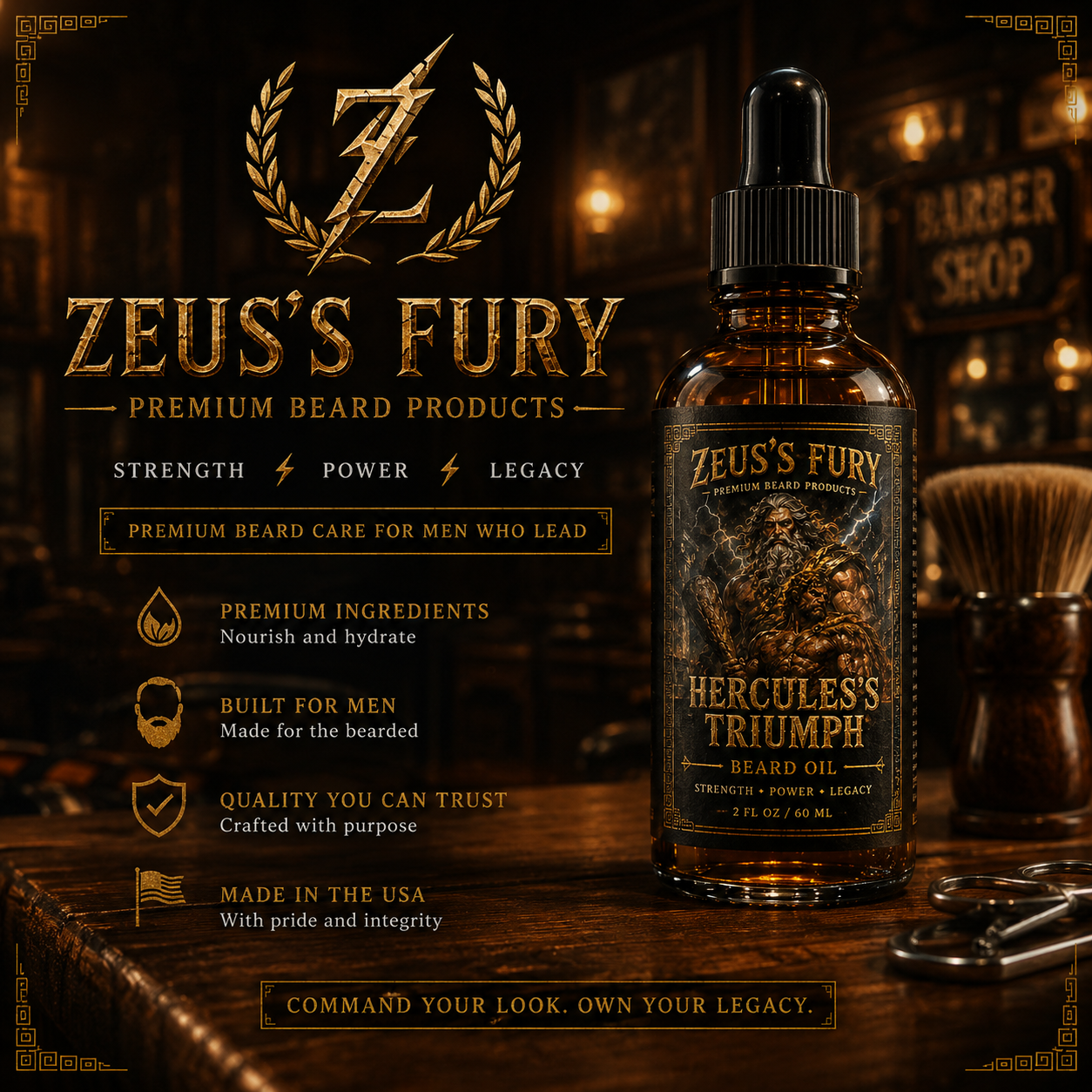 Hercules's Triumph 2 ounce (60ml) Beard Oil Bottle (6/3 backorder)